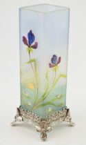 WMD Arts and Crafts metal base, ornate floral decoration, with painted glass vase, 10cm wide, 25.5cm