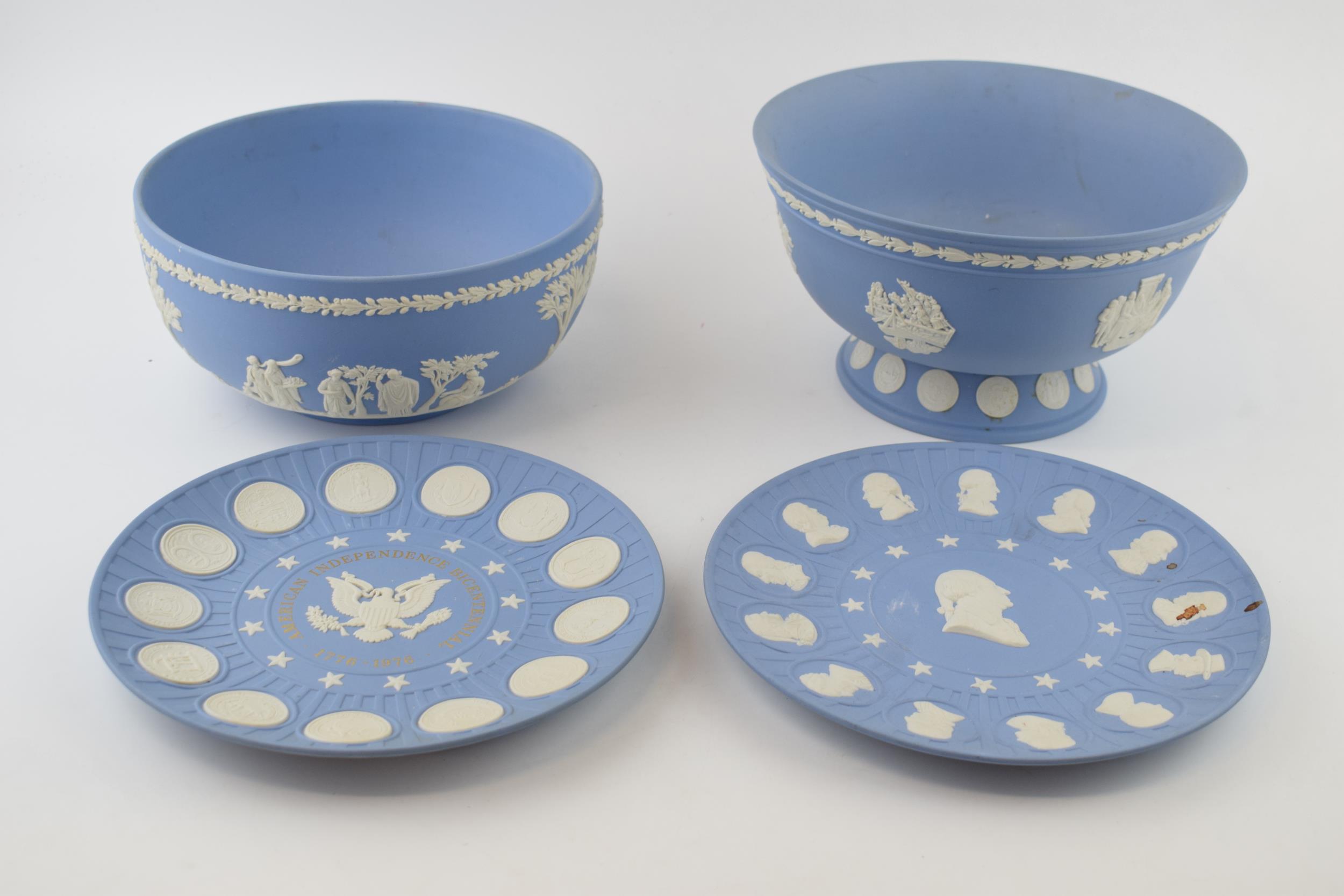 Wedgwood Jasperware in blue to include an American history pedestal bowl, another bowl and 2
