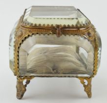A vintage Ormolu jewellery box. Heavy glass with brass frame. inscribed to lid. Height 7.5cm.