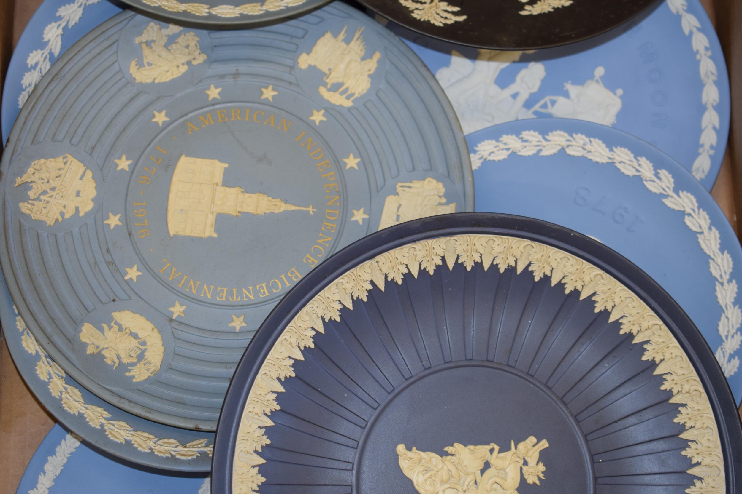 Wedgwood Jasperware plates in colours such as blue, cobalt blue and black in varying patterns and - Image 3 of 4