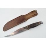 Bowie knife in leather sheath, 'Made in Japan'. Lather handle, 'Stainless Steel Blade', 'Original