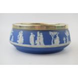 Wedgwood Jasperware blue dip bowl with classical scenes and silver-plated rim. Diameter 21cm, height