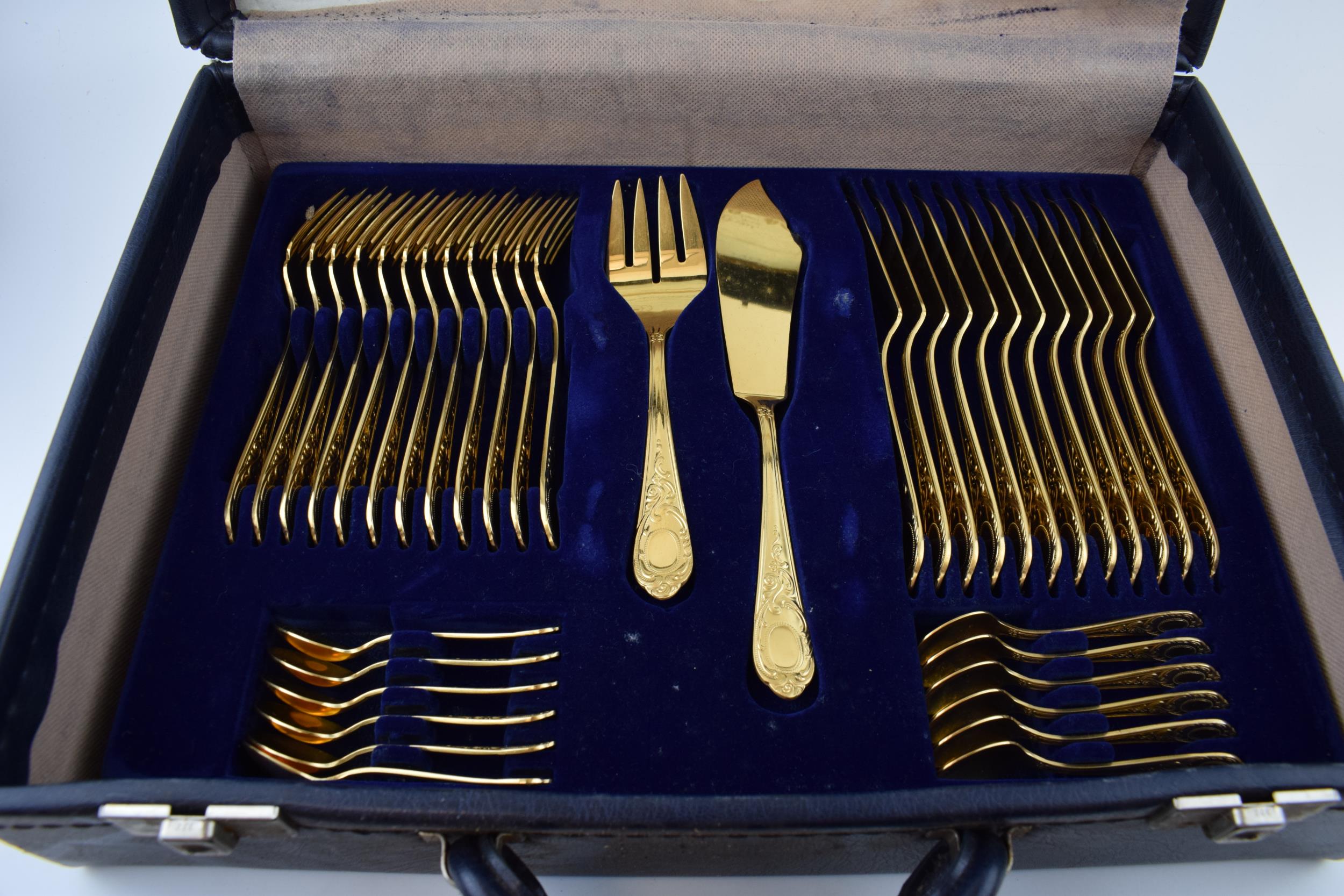 A cased Solingen 24k gold plated cutlery set, in leather brief case, with 3 trays of cutlery, all in - Image 4 of 4