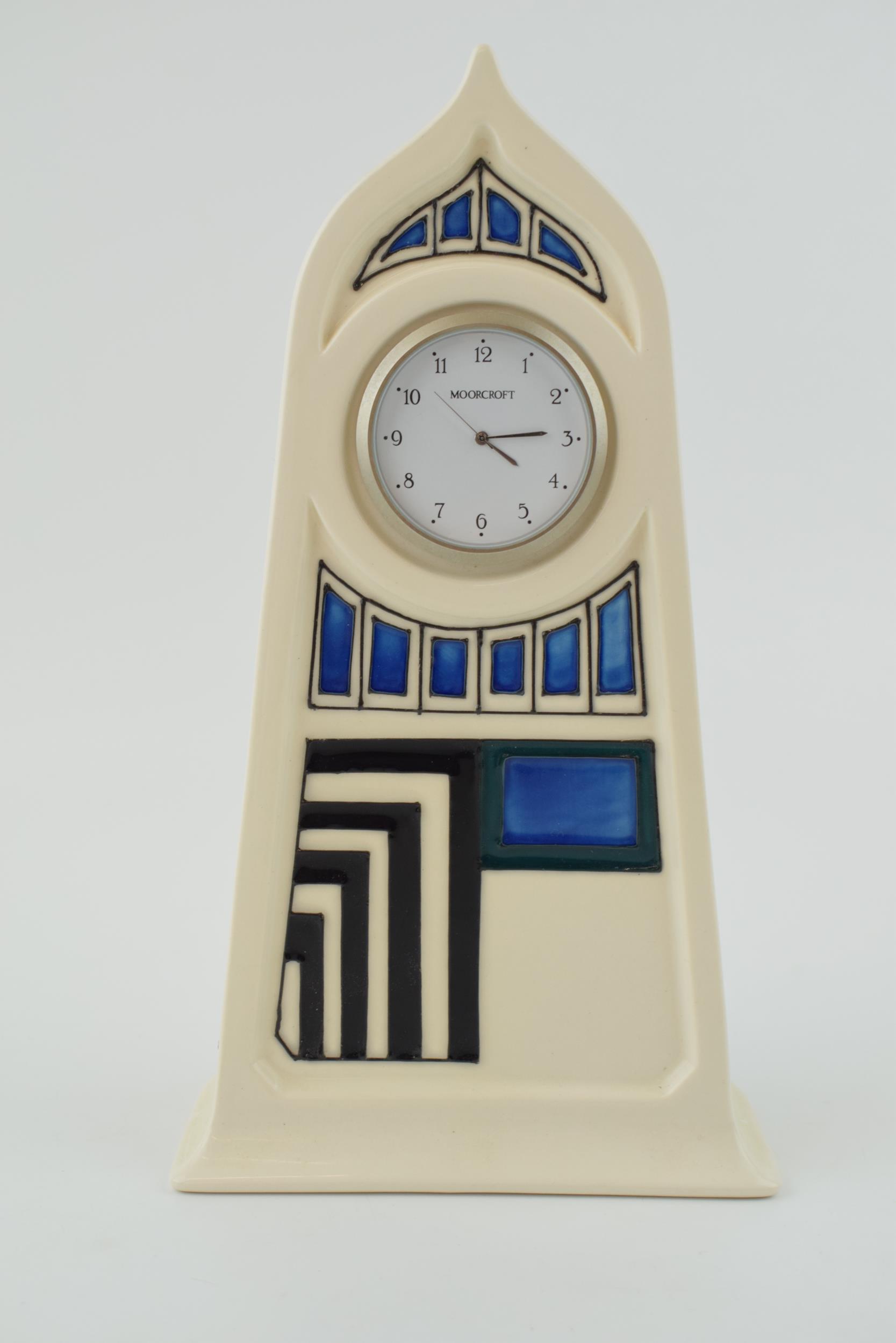 Moorcroft Mackintosh style derngate mantle clock, 23cm tall. In good condition with no obvious