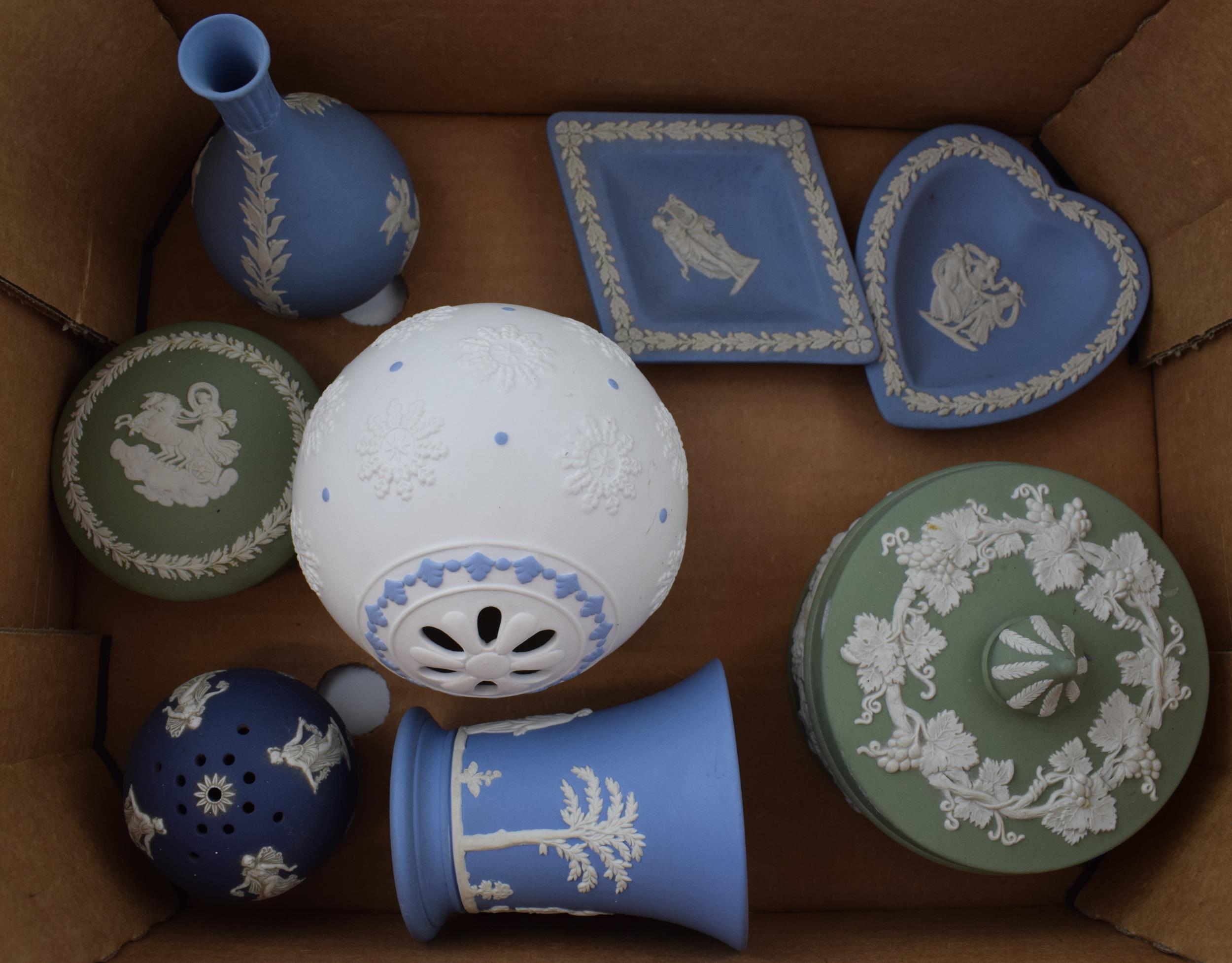 Wedgwood Jasperware to include a large blue on white bauble, a flower ball, a trinket and others (