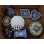 Wedgwood Jasperware to include a large blue on white bauble, a flower ball, a trinket and others (