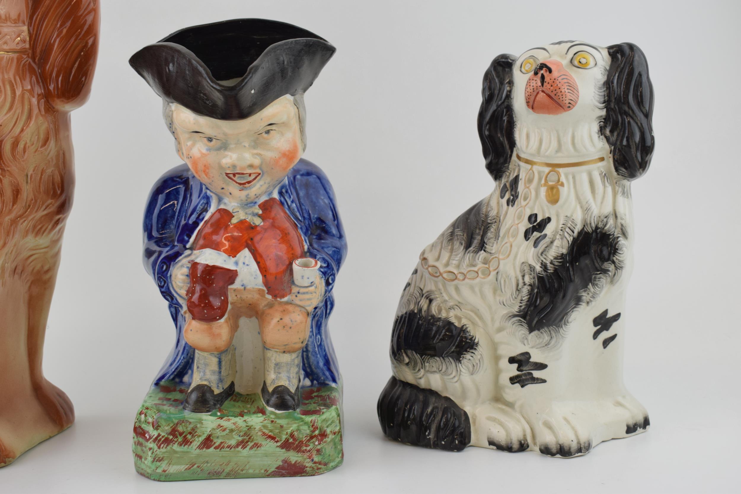 A group of Victorian Staffordshire dog Figures, including a black and white spaniel, a brown spaniel - Image 2 of 6