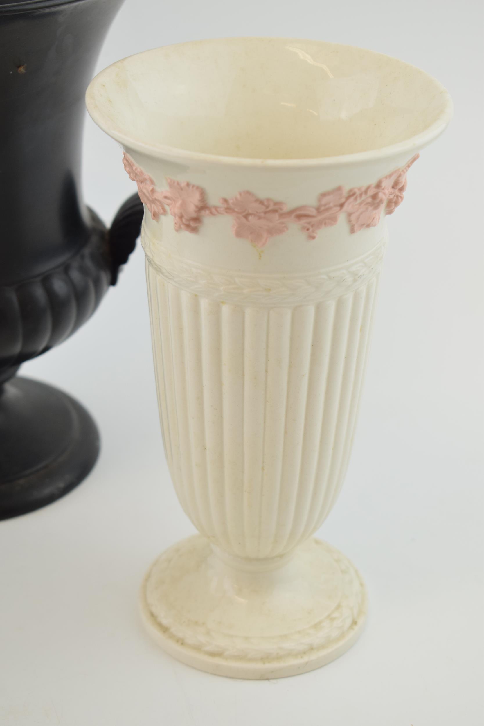 A pair of Wedgwood Queensware trumpet vases, 22cm tall, one pink on white (hole drilled to base), - Image 2 of 3