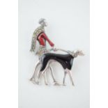 Sterling silver Art Deco style brooch of a lady walking her dog, with enamelled decoration, 5.5cm