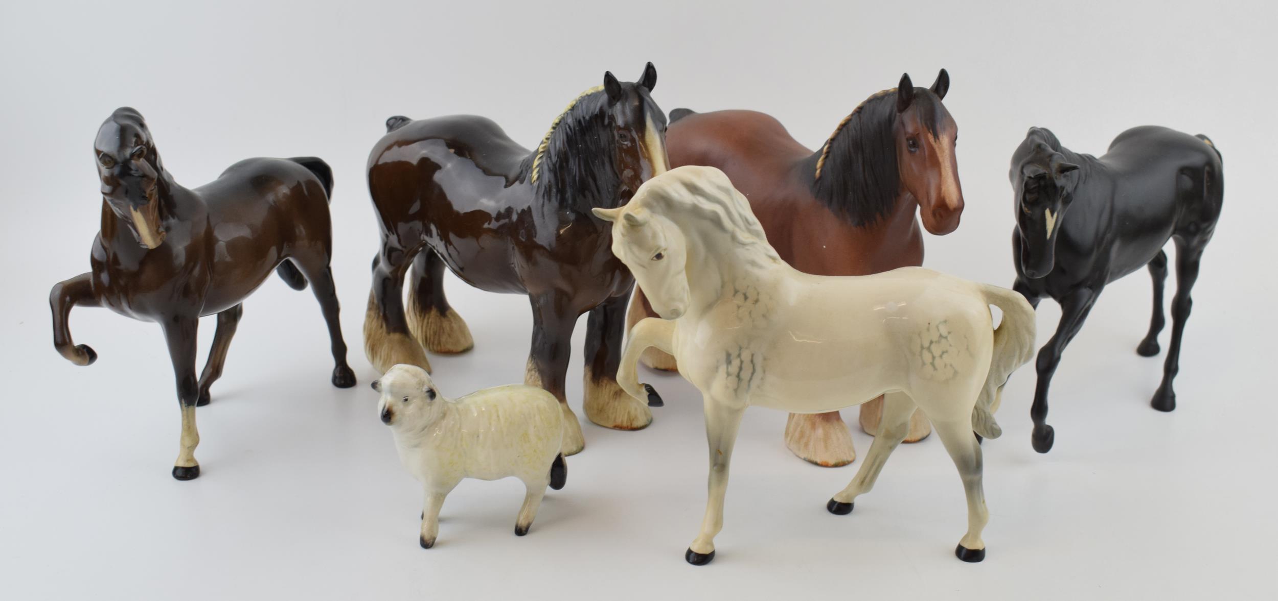 Beswick to include a matt brown shire, a gloss shire, a grey with leg tucked and others (6). In good