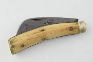 Saynor bone handled antique flatcap penknife, 10.5cm long, 17.5cm when unfolded.