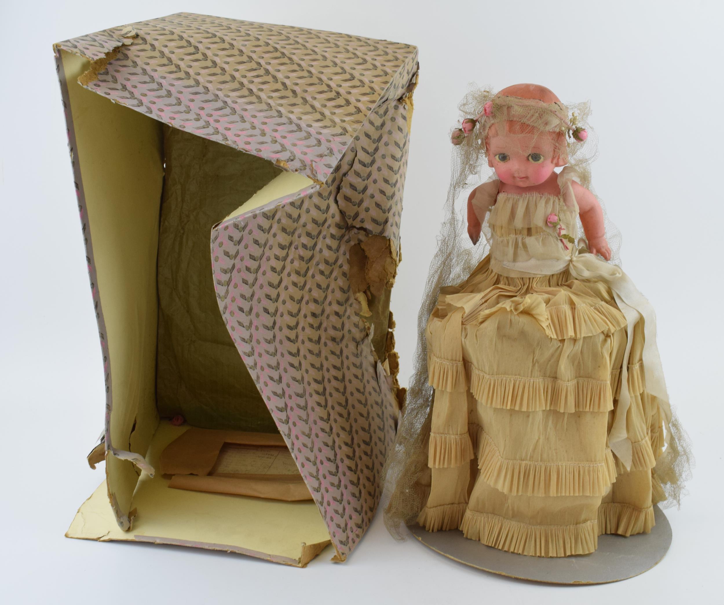 Boxed doll with paper dress, made in England, 'Pomeranian'. Height 40cm. Doll has survived well.