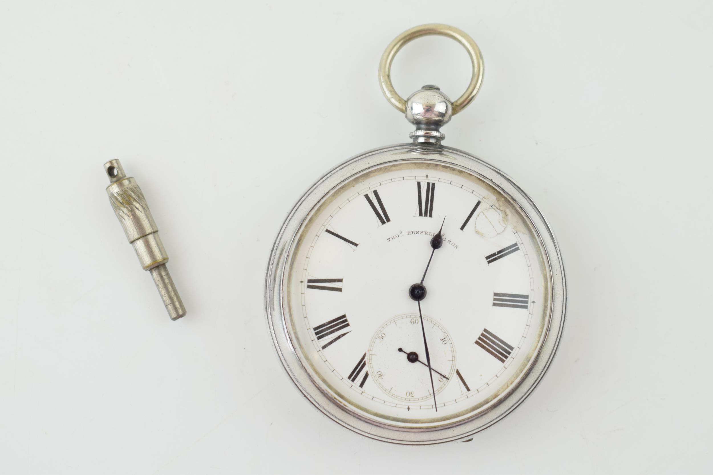 Hallmarked silver cased pocket watch, Thomas Russell & Son, Chester 1880, damage to dial, with