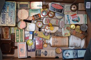 An intersting collection of advertising tins and boxes largely related to home remedies chemists and