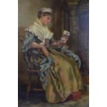 19th century oil on canvas, maiden in chair reading a letter. Unsigned. 61cm x 45.5cm.