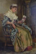 19th century oil on canvas, maiden in chair reading a letter. Unsigned. 61cm x 45.5cm.