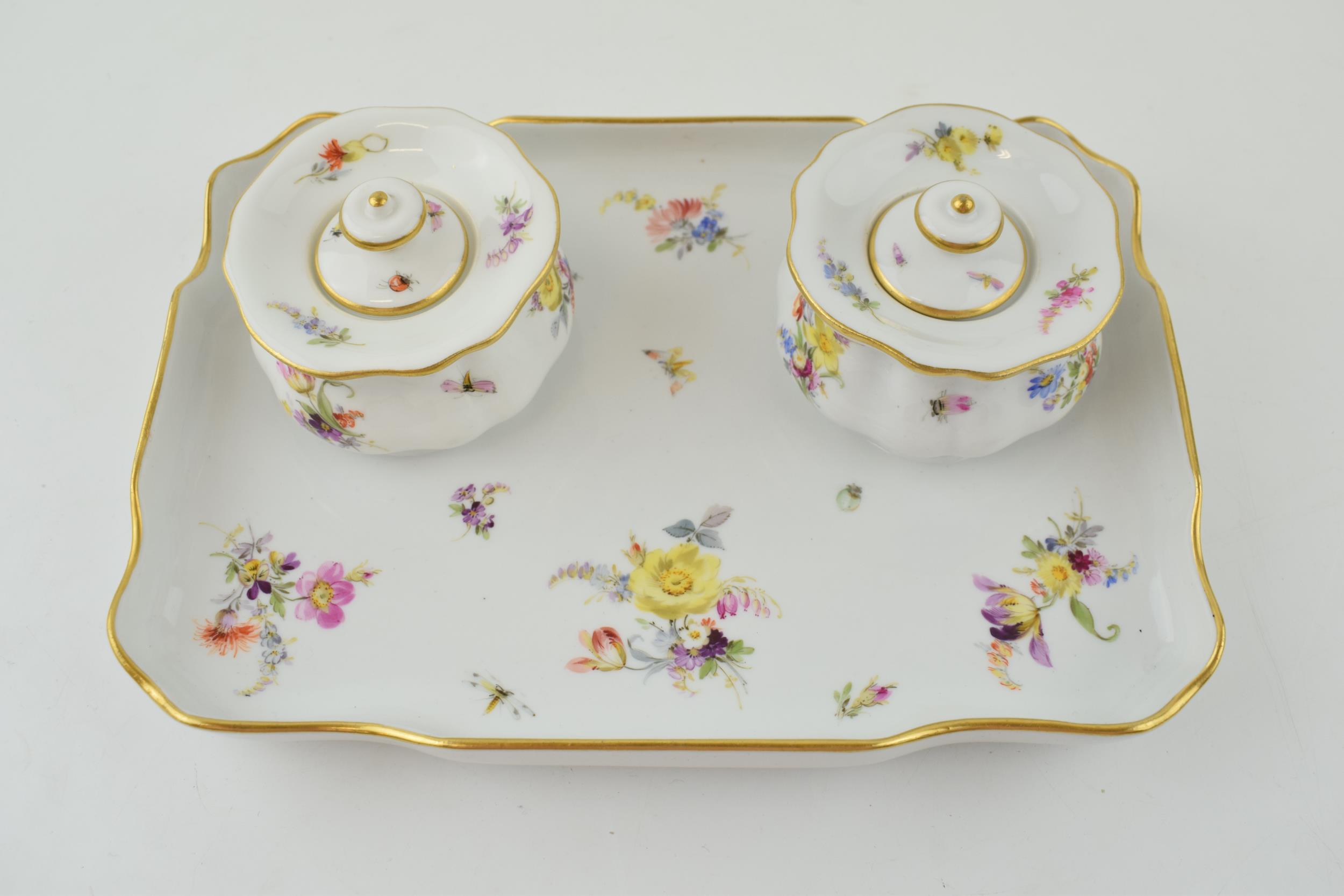 Meissen pair of inkwells, sitting on ceramic tray, with floral sprays, blue crossed swords, 22cm