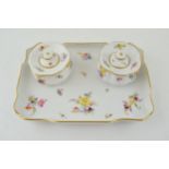 Meissen pair of inkwells, sitting on ceramic tray, with floral sprays, blue crossed swords, 22cm