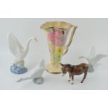 An Arthur Wood floral Art Deco vase with a Beswick donkey (af), with 2 Nao geese and a Lladro