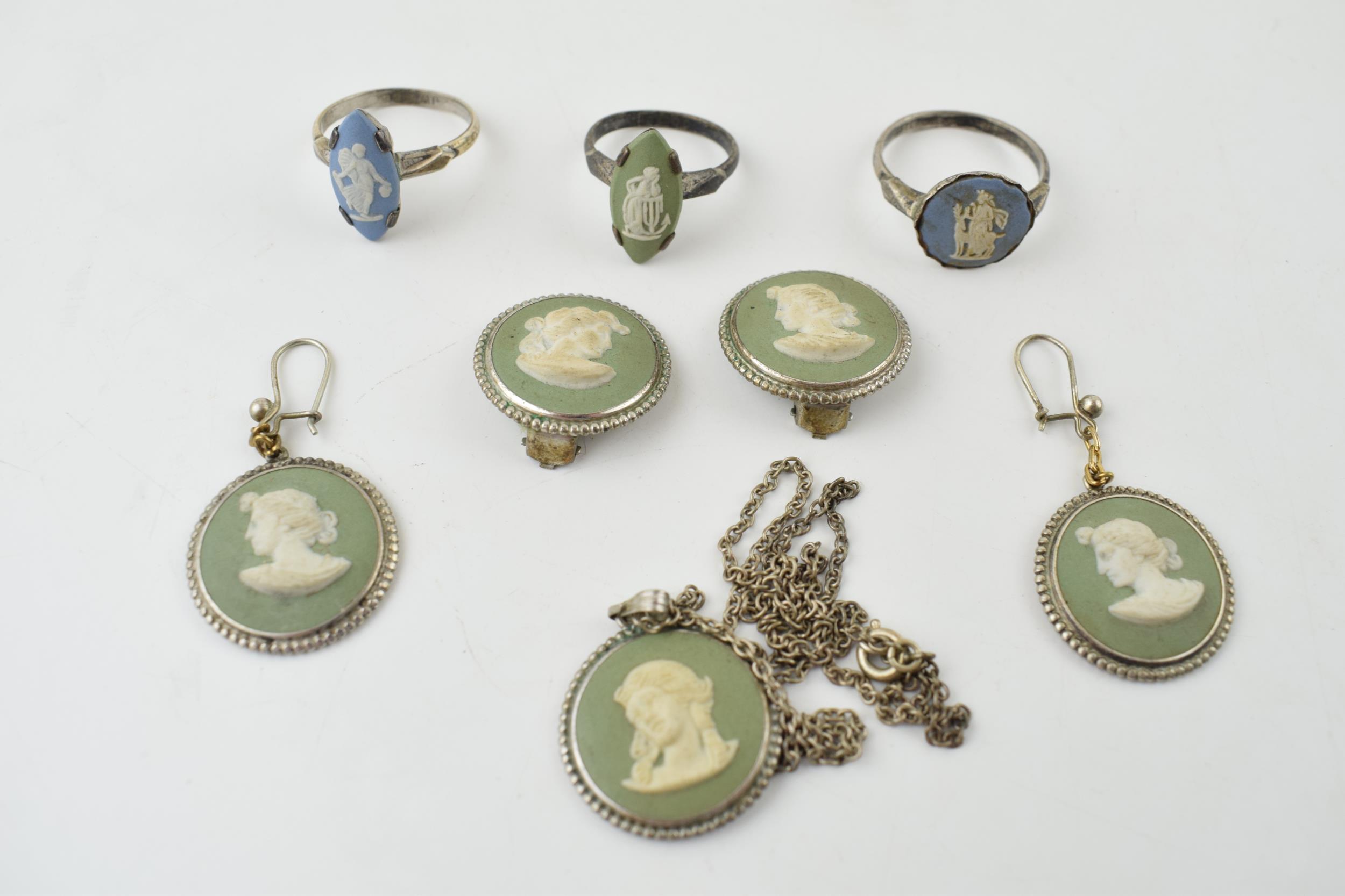 A collection of silver mounted Wedgwood Jasperware jewellery to include rings, pendants and