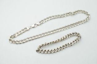 Heavy silver curb link bracelet and necklace, 107.1 grams, chain 46cm long.