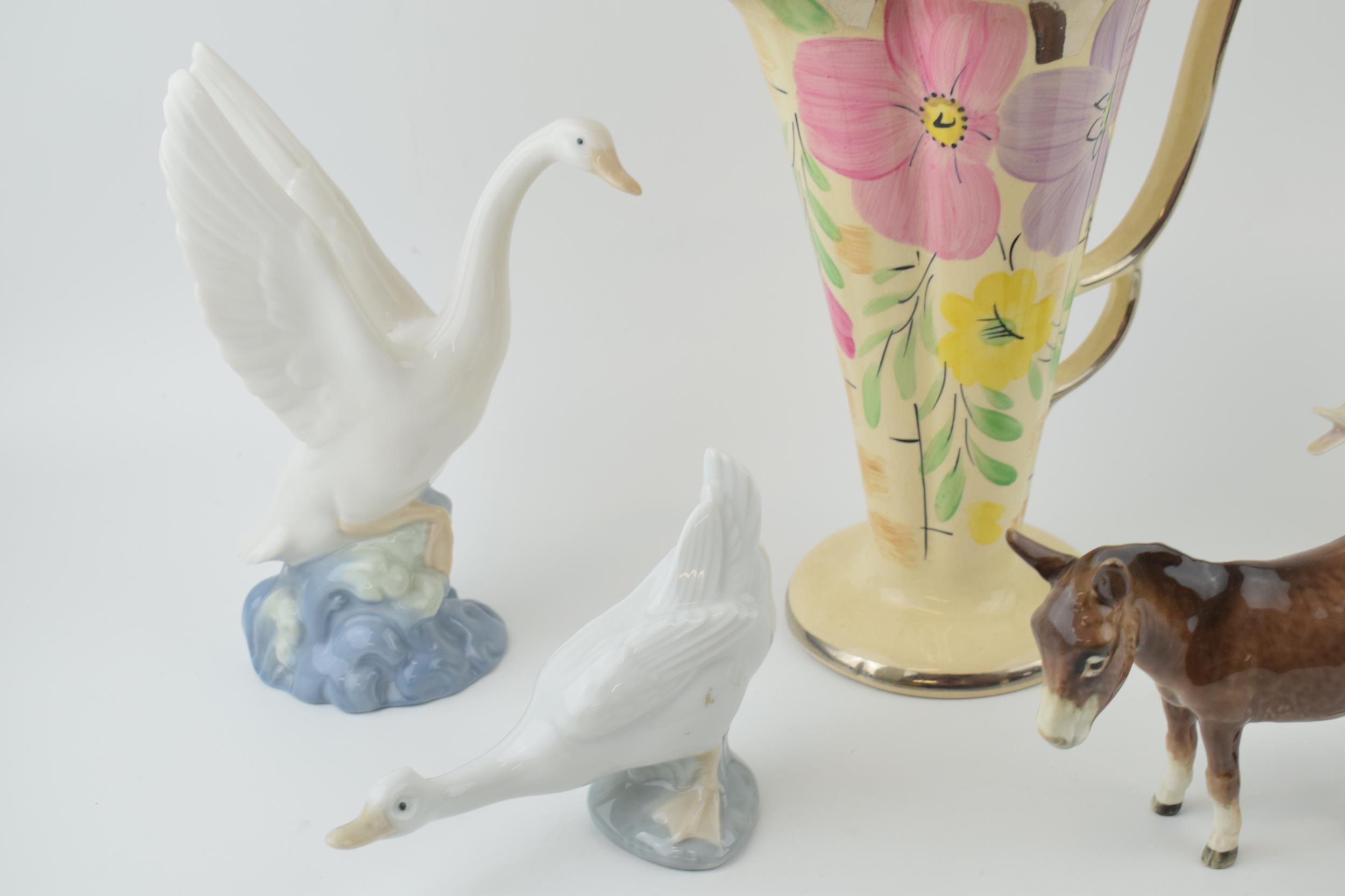 An Arthur Wood floral Art Deco vase with a Beswick donkey (af), with 2 Nao geese and a Lladro - Image 3 of 4