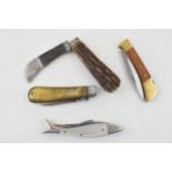 A collection of pocket knives to include a 19th century horn handled example by Abram Brookbank