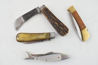 A collection of pocket knives to include a 19th century horn handled example by Abram Brookbank