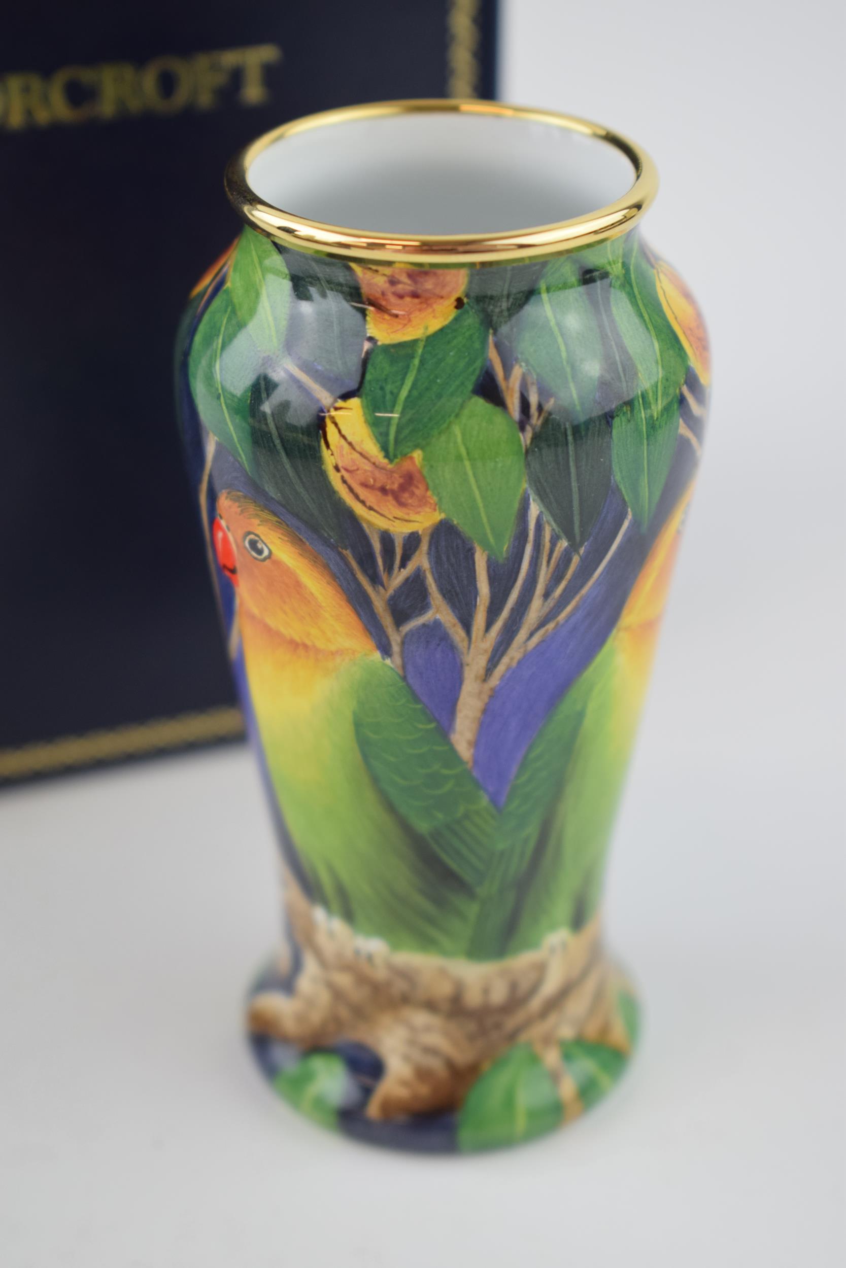 Boxed Moorcroft Enamel vase in the Lovebird pattern, 56/100, by Stephen Smith, 9cm tall. In good - Image 3 of 4