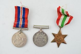 A WWII War Service medal together with a Defence Medal and an Italy Star. (3) In good original