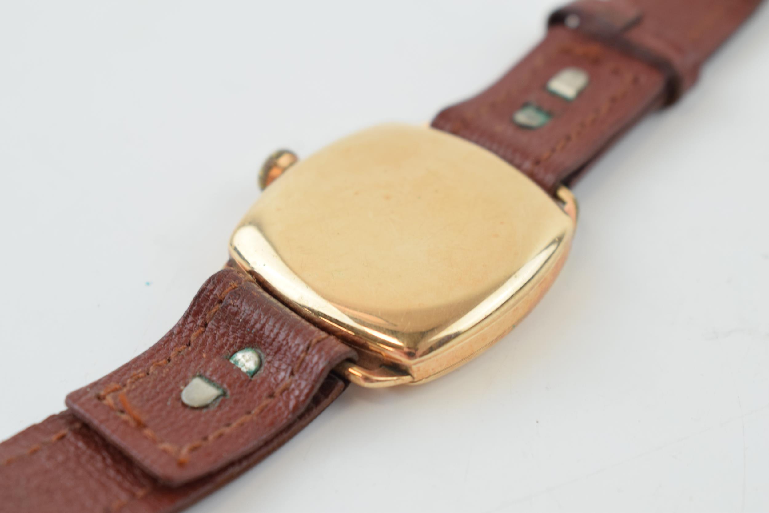 A gold plated gentleman's Waltham U.S.A manual winding wristwatch on brown leather strap. Watch a/f. - Image 3 of 3
