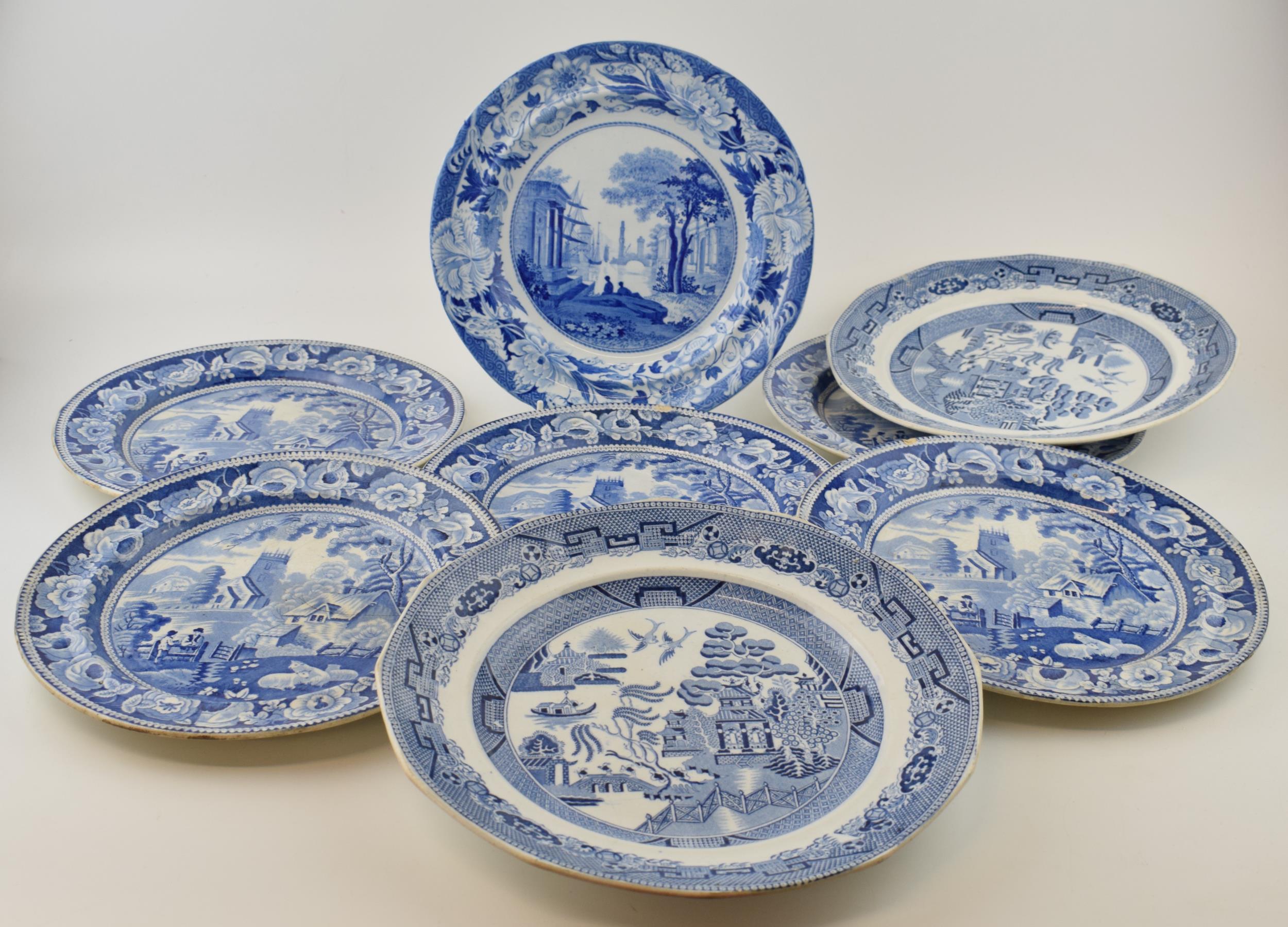 A group of early 19th century blue and white transfer-printed dinner wares, to include five