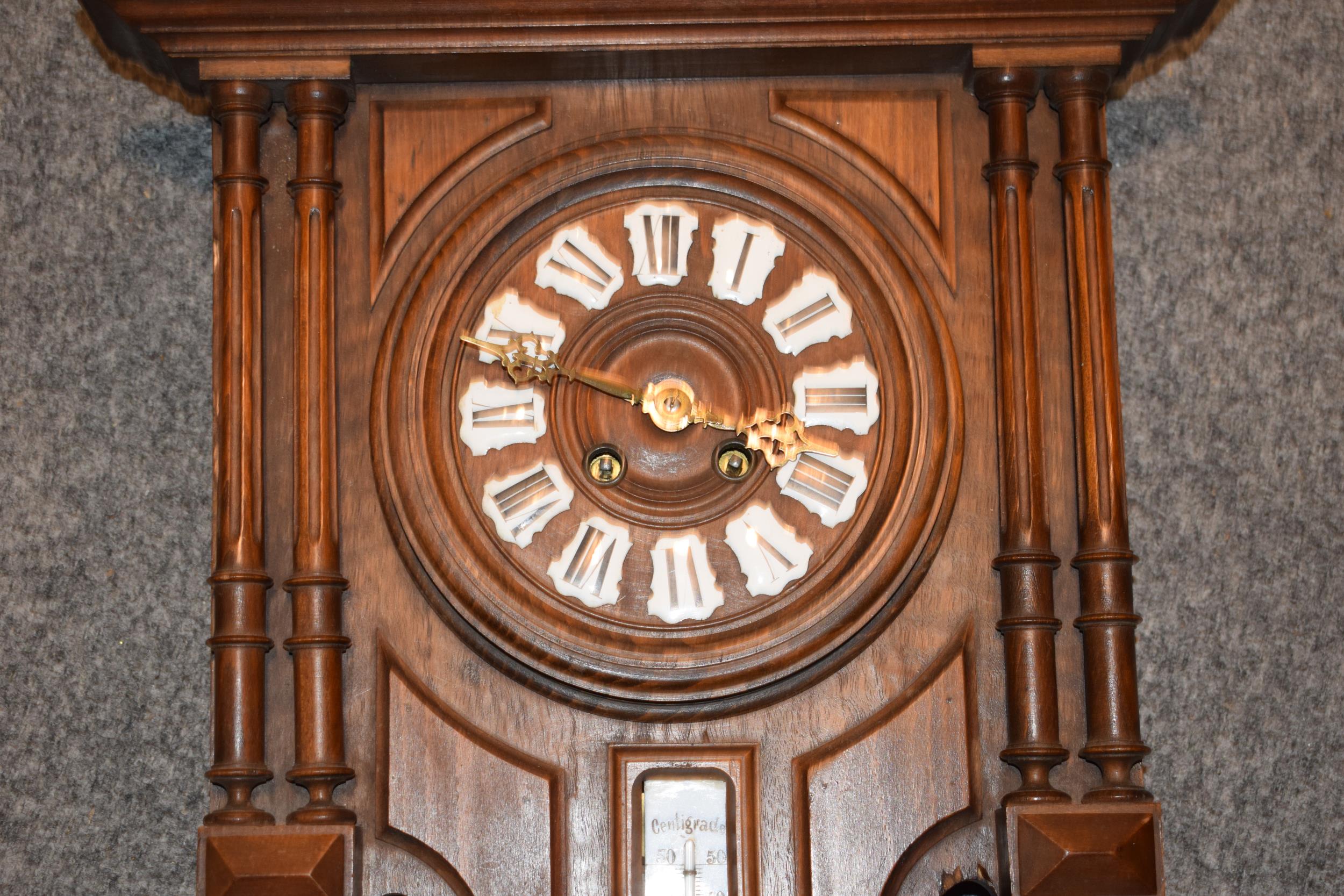 Vienna style clock with integrated barometer and thermometer. Height 89cm. In good original - Bild 3 aus 6