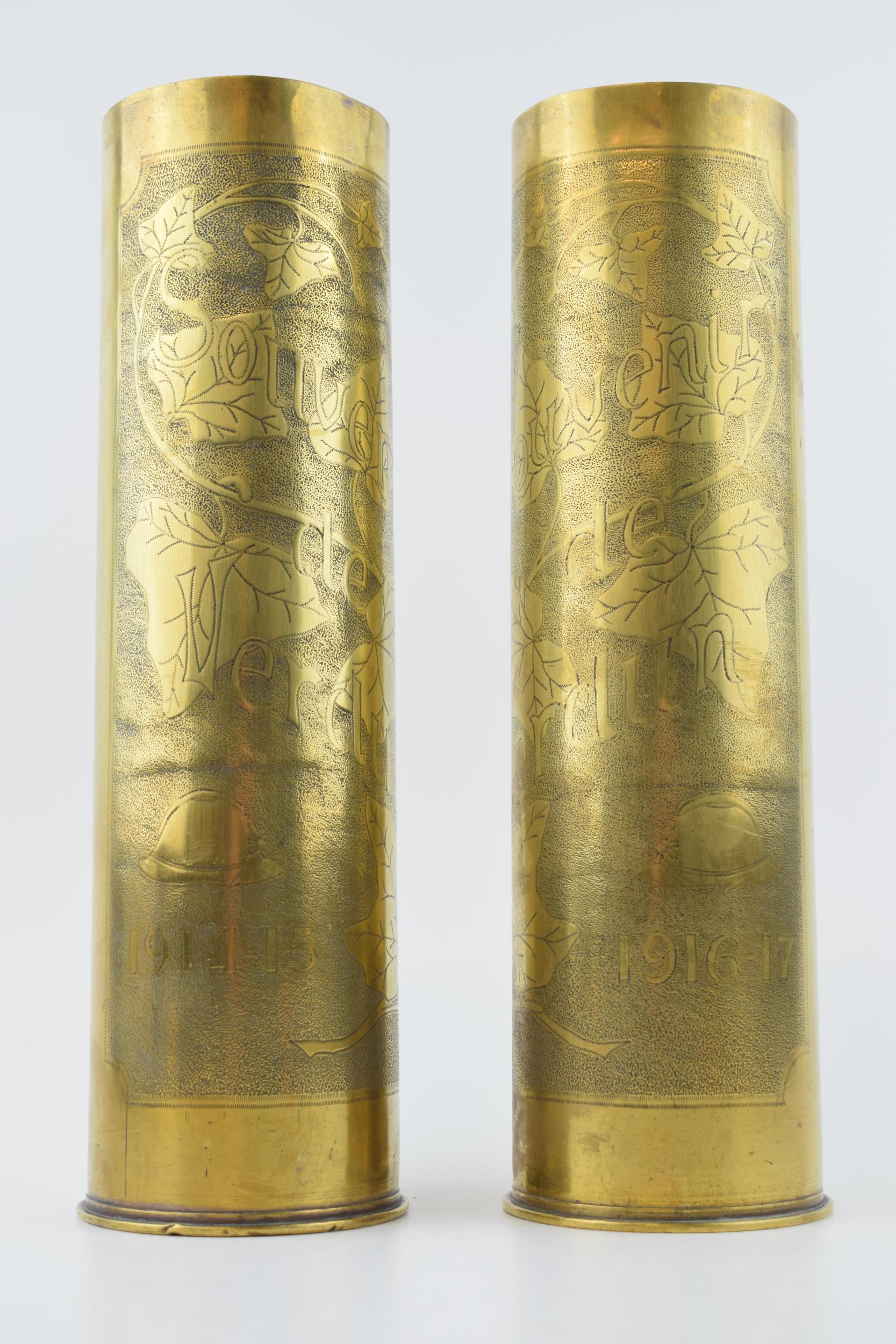 A pair of Trench Art vases, 29cm tall, engraved decoration ‘Souvenir de Verdun’, one being 1915