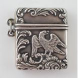An antique silver Vesta case with bird design marked Sterling. 28mm. In good original condition.