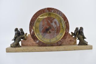 French Art Deco mantle clock, flanked by lovebirds, 43cm long.