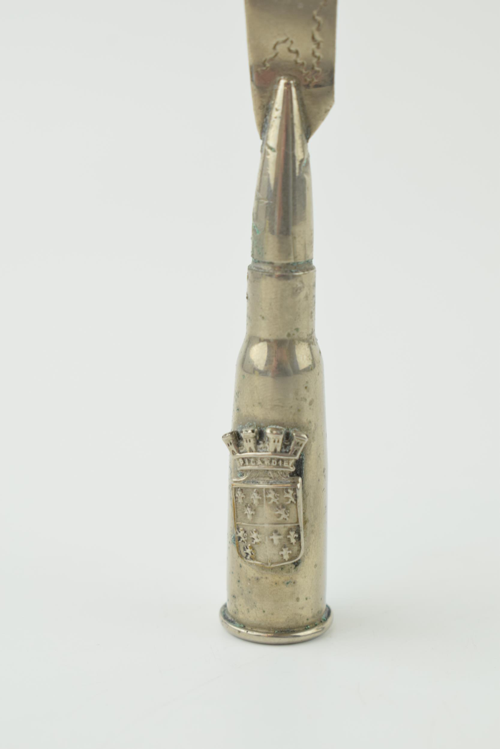 A 20th century trench art figure to include a bullet with 'Picardie' crest with cutlass style - Bild 2 aus 3