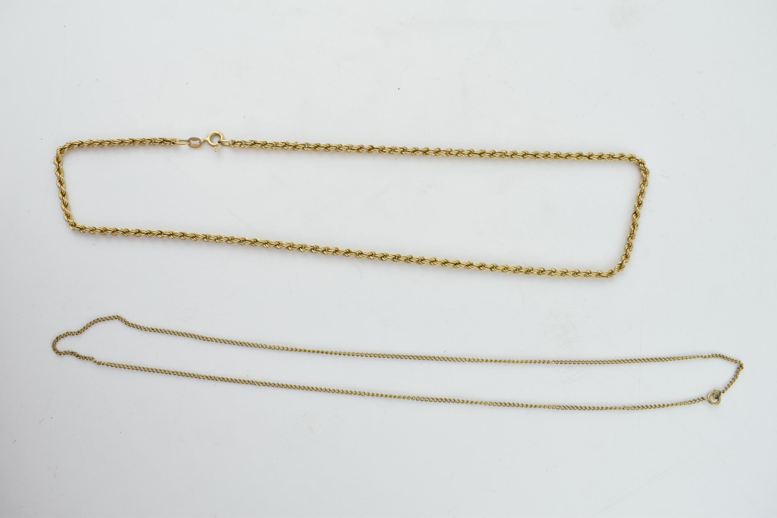 A pair of 9ct gold chains to include a rope effect chain and a finer chain, combined 7.4 grams, - Image 2 of 2