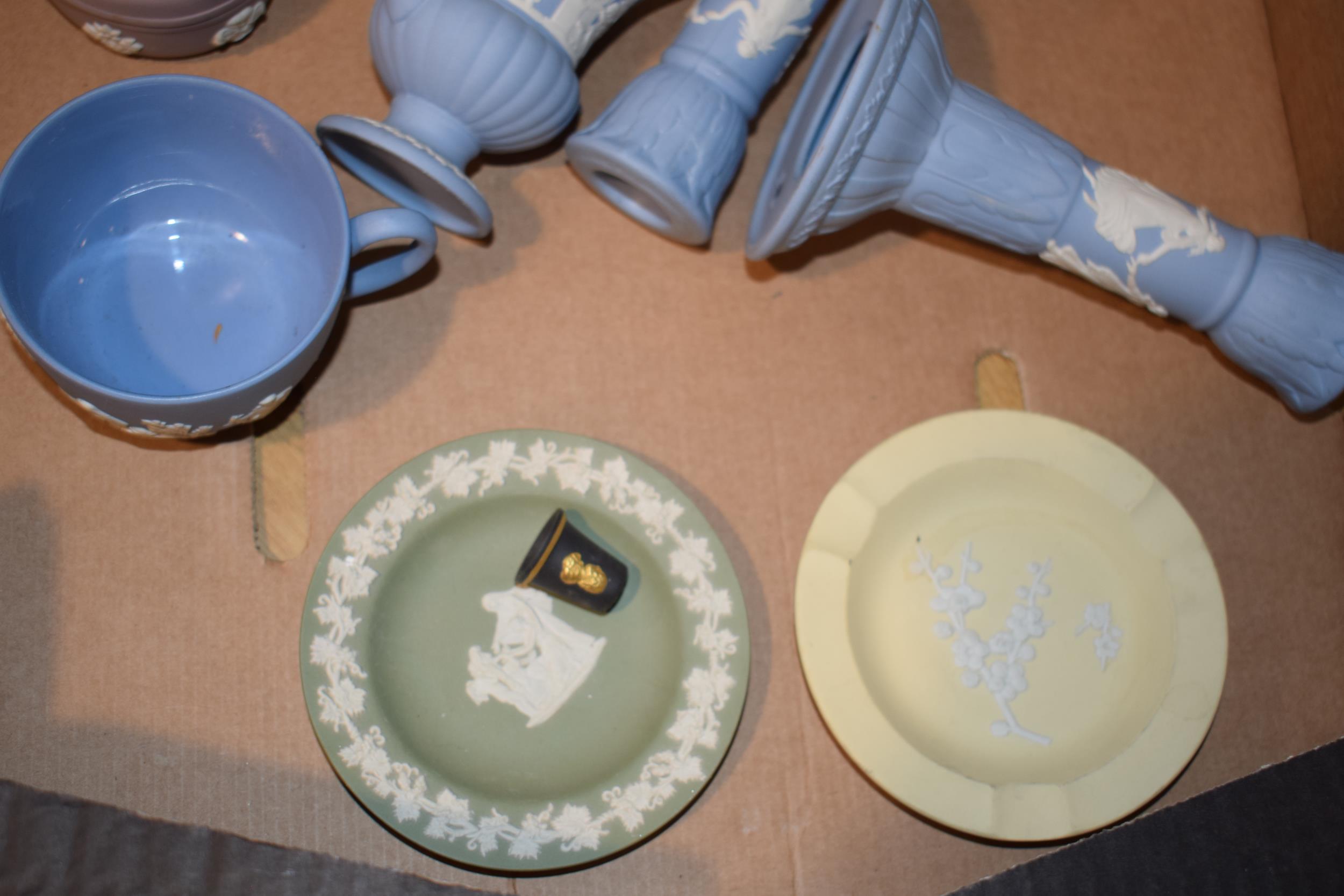 Wedgwood Jasperware in colours such as yellow, lilac, to include Dancing Hours candlesticks and - Image 4 of 4