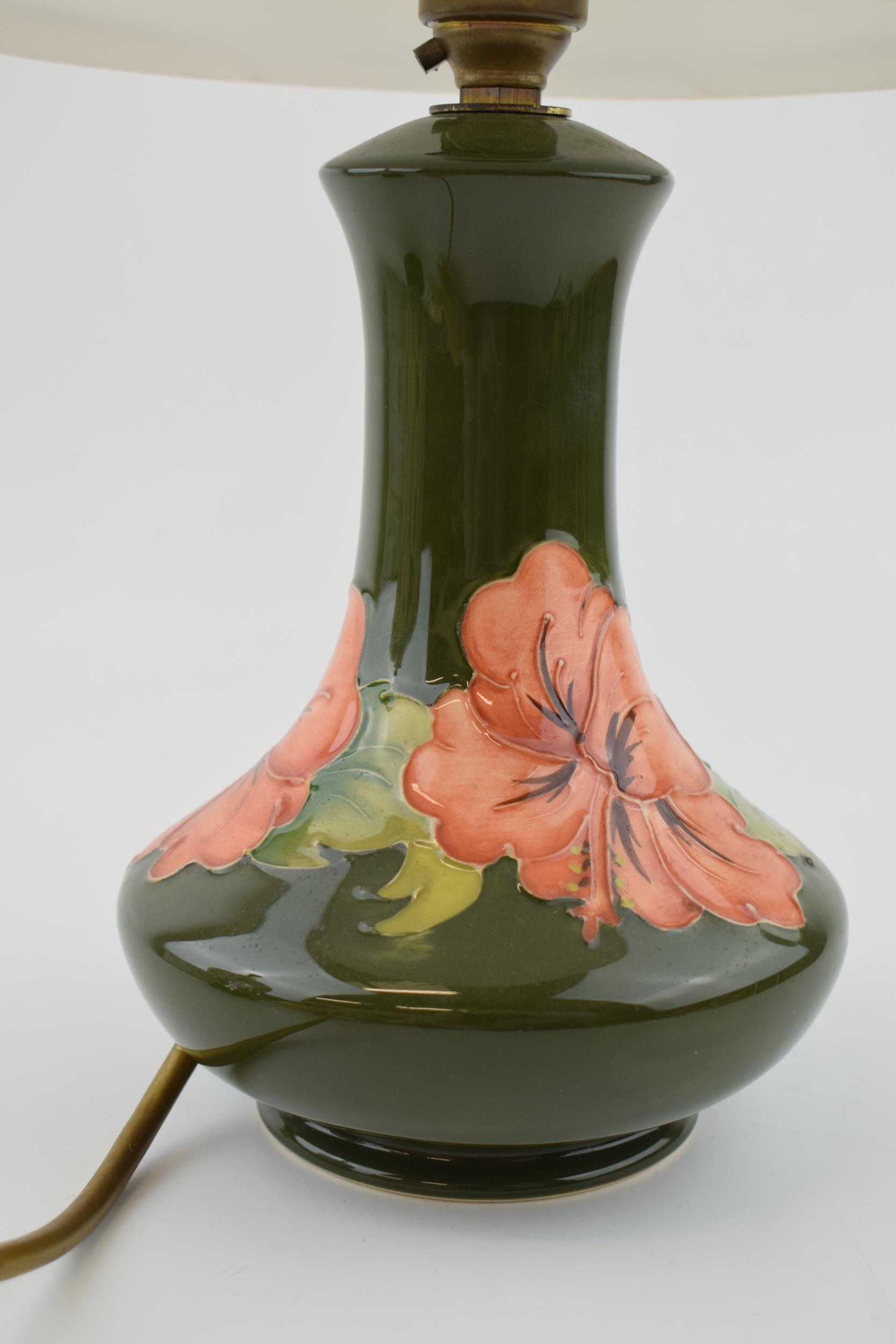 Moorcroft Hibiscus lampbase, low shouldered, with associated shade, 18.5cm tall. In good condition. - Image 2 of 2