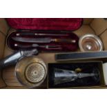 A collection of items to include horn handles carving set with silver mounts, an Art Deco cocktail