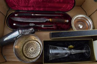 A collection of items to include horn handles carving set with silver mounts, an Art Deco cocktail