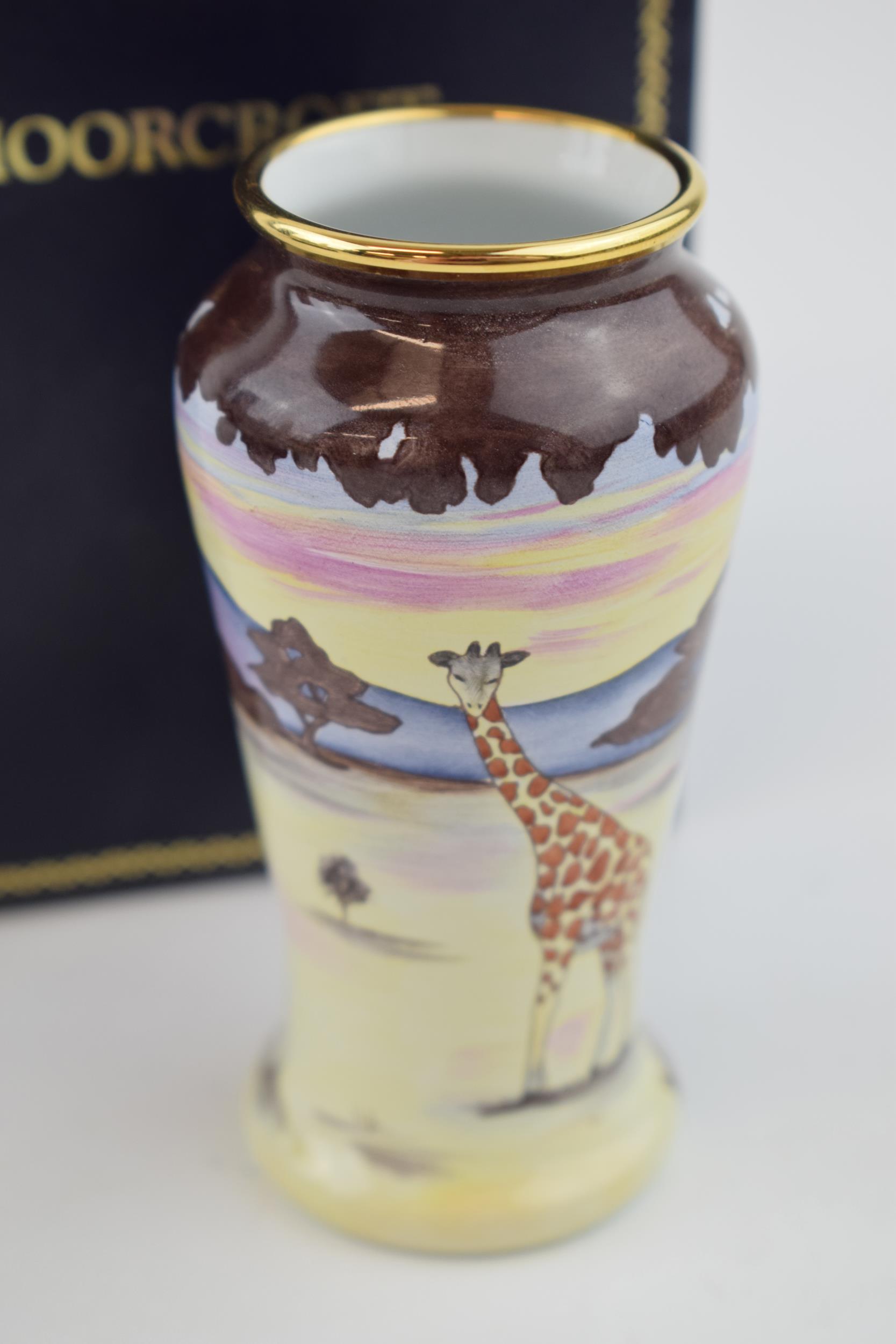 Boxed Moorcroft Enamel vase in the Samburu Giraffes pattern, by A Roberts, 9cm tall. In good - Image 2 of 4