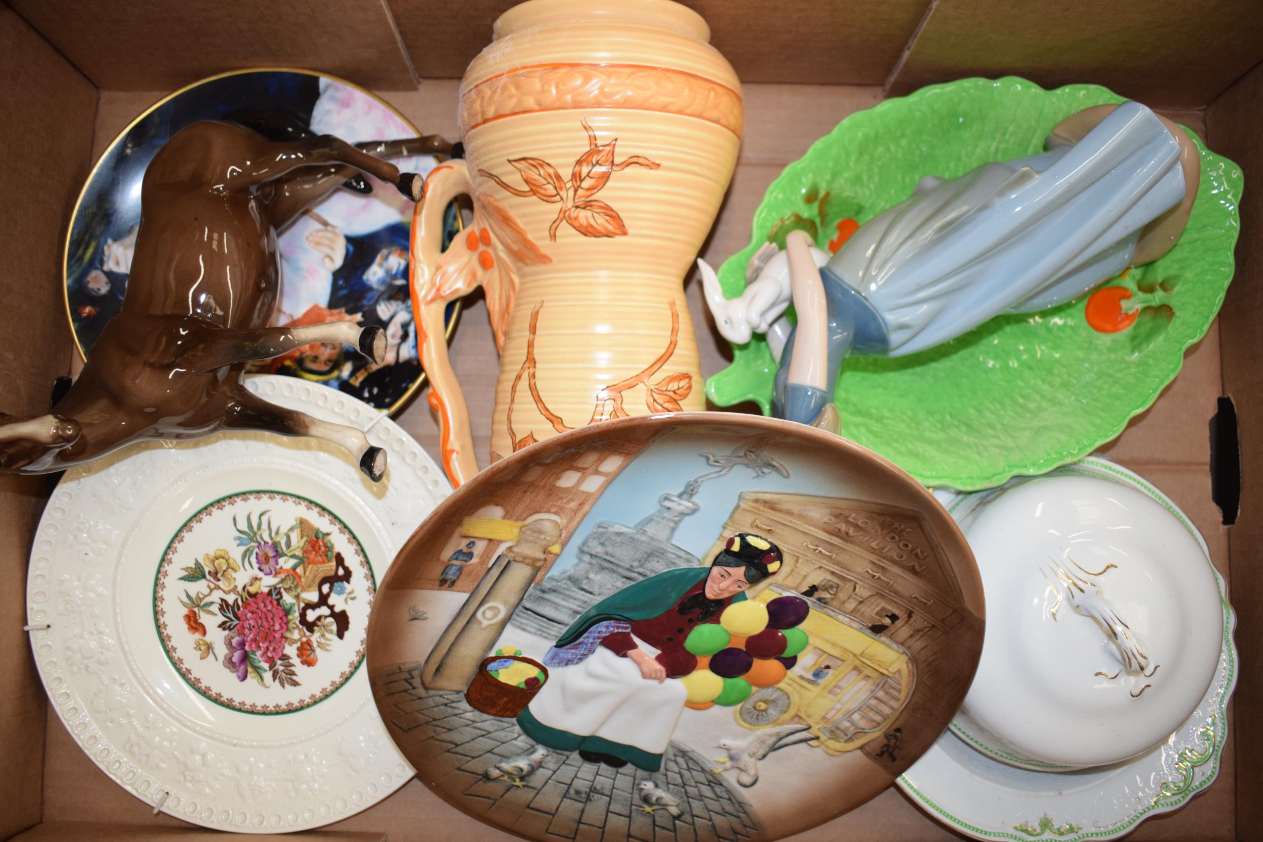 Pottery to include a Beswick horse (af), a Doulton Balloon Seller embossed plate, a Nao figure (