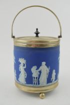 An early 20th century Wedgwood two-colour jasperware covered biscuit barrel with EPNS mounts. In