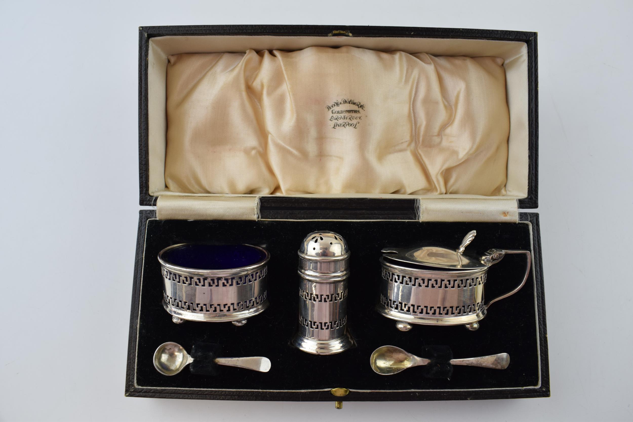 A cased set of silver salts, Birmingham 1937, Barker Brothers Silver Ltd. Complete with original
