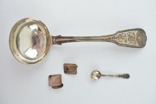 A Georgian silver ladle together with a pair of silver cufflinks and a salt spoon. (Weight 91.4