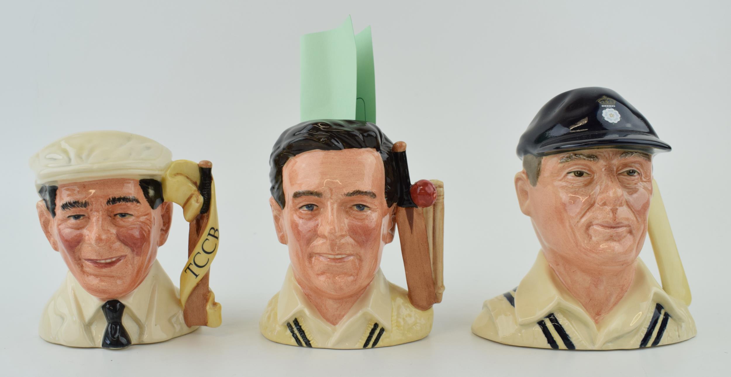 Small Royal Doulton character jugs of cricketers to include Denis Compton, the Hampshire Cricketer