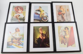 A collection of 6 Gil Elvgren glamour / pin up prints of semi erotic scenes, framed, prints are 8x6,