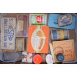 An collection of advertising cardboard boxes and tins to include pharmacitical brands, together with